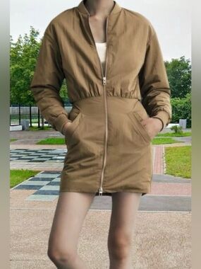 ZARA Women's Puffer Padded Mini Bomber Dress Olive Green Full Zip Y2K Large